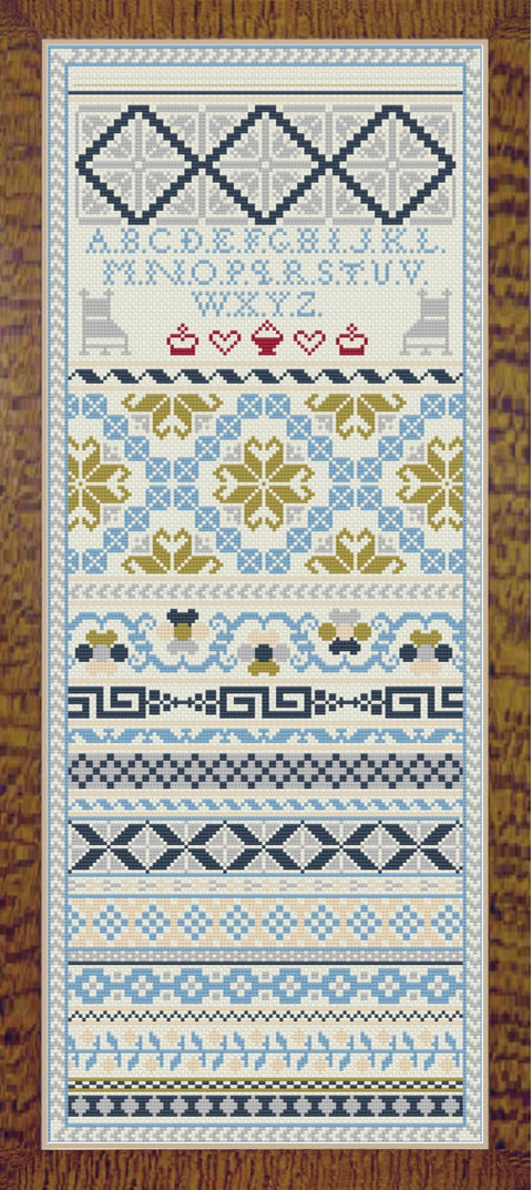 Blue and White Band Sampler Antique Needlework Sampler Digital Download Pattern